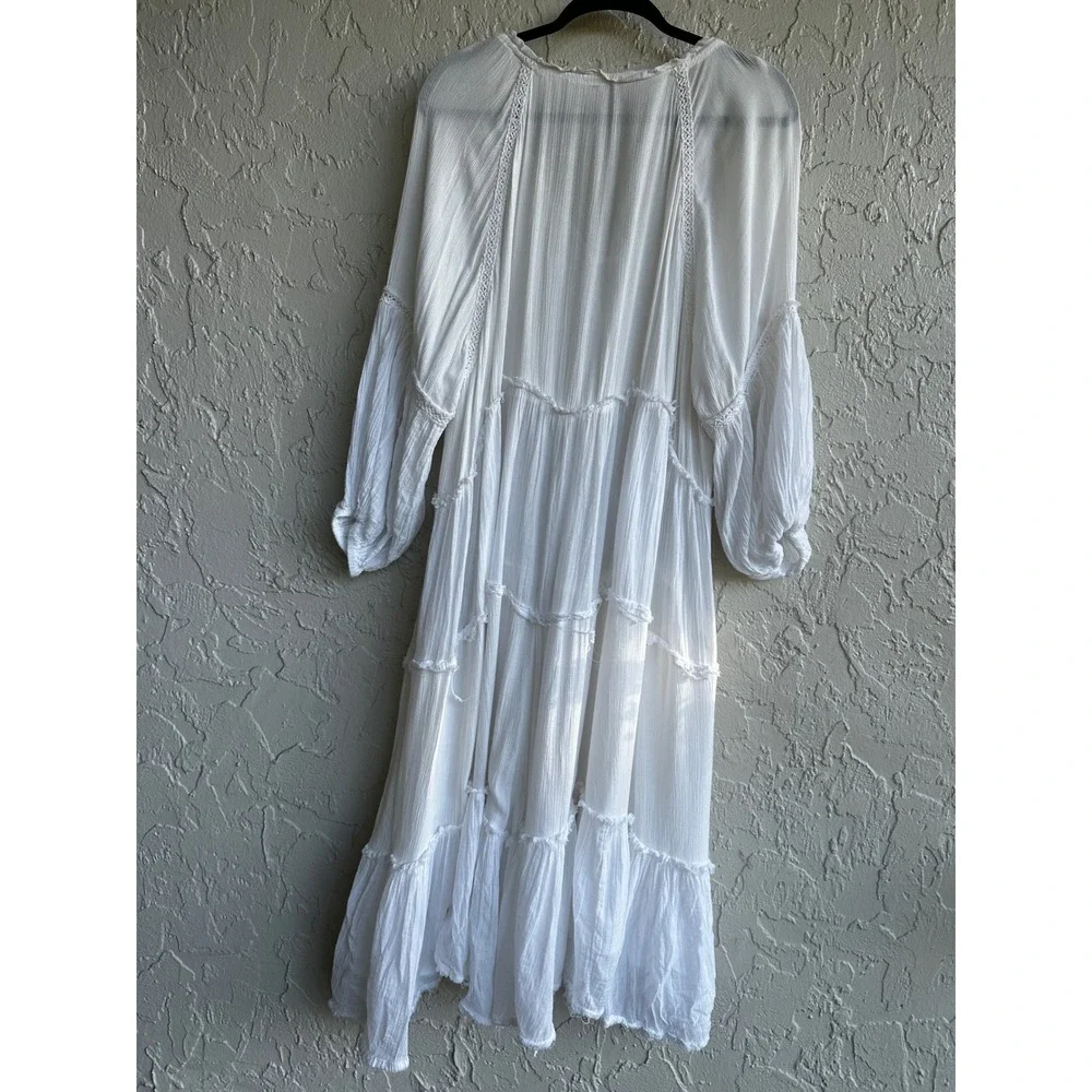 Free People White Tiered Midi Peasant Dress Boho Cottage Prairie Tassels Small